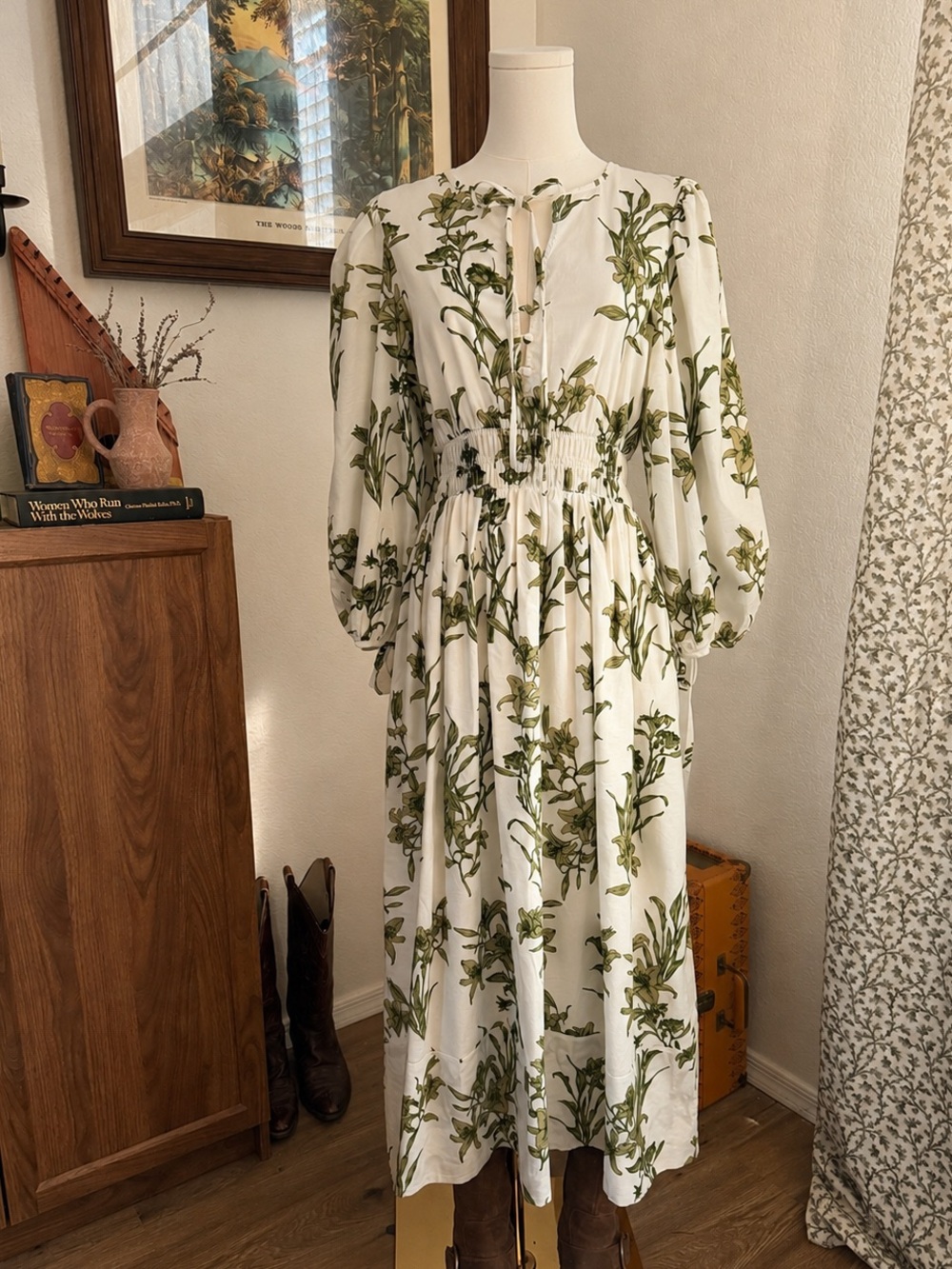 Hunter Bell Clementine Botanical Print Midi Dress 100% Cotton Size M